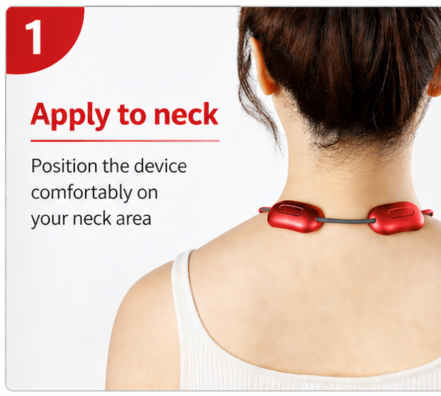 Person wearing a red neck massager with text on how to apply it.