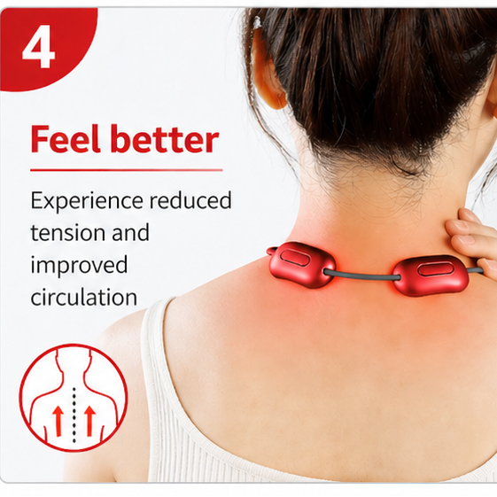Instructions for using a neck massager device with images of a woman using it.