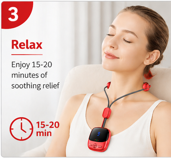 Instructions for using a neck massager device with images of a woman using it.
